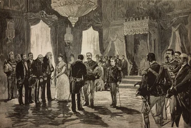 Principe di Napoli, Alfonso Maria Giuseppe Alberto di Borbone-Due Sicilie in uniforme da sottotenente, alla ricezione di Capodanno al Quirinale, Italia, incisione da un disegno di Dante Paolocci, da L
