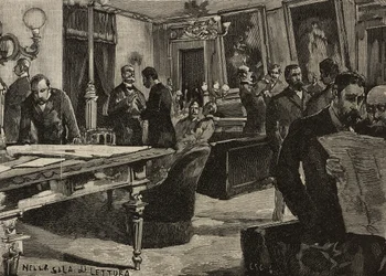Sala di lettura a Palazzo Montecitorio, Roma, Italia, incisione da un disegno di Dante Paolocci, da L