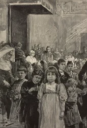 Accoglienza dei bambini alle celebrazioni del giubileo di Papa Leone XIII, Vaticano, incisione da un disegno di Dante Paolocci, da L