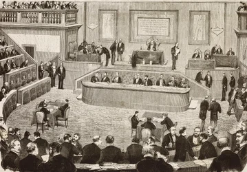 Seduta del 26 luglio del Senato Italiano, Roma, Italia, incisione da un disegno di Dante Paolocci, da L