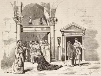 Gabinetto del Sommo Pontefice nel palazzo, Postumia che implora Fabio Massimo, Roma Vaincue di Alexandre Parodi, Atto V, incisione di Dante Paolocci da schizzi di Zandomenico, da L