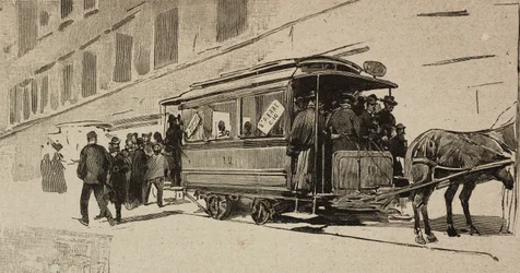 Tram diretto a San Pietro in occasione del Giubileo Episcopale di Leone XIII, Roma, Italia, incisione dopo un disegno di Dante Paolocci, da L