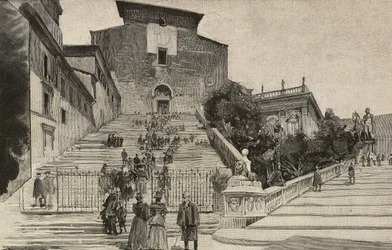 Veduta della Basilica di Santa Maria in Aracoeli, Roma, Italia, incisione dopo un disegno di Dante Paolocci, da L