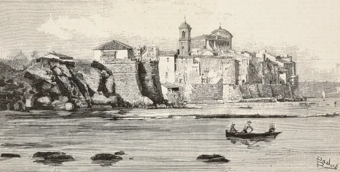 Veduta di Nettuno, Italia, incisione da un disegno di Dante Paolocci, da L