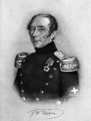 Ritratto di Guillaume-Henri Dufour (1787-1875), generale, ingegnere, topografo svizzero e cofondatore del Comitato internazionale della Croce Rossa, incisione da un disegno di Karl Friedrich Irminger (1813-1863)