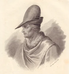 Ritratto del leader militare italiano Uguccione della Faggiola (1250-1319), incisione in rame di Caterina Piotti-Pirola