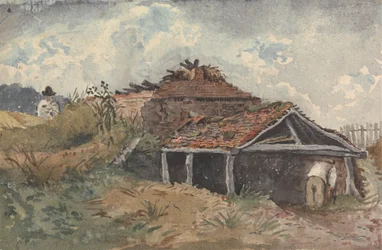 Paesaggio con due figure accanto a un vecchio edificio