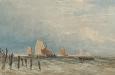 Pescherecci olandesi al largo della costa, con la Grote Kerk di Dordrecht in lontananza