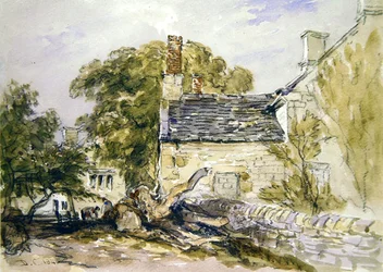 Figure fuori da un vecchio cottage di pietra