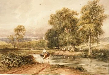 Ritorno dal campo di fieno, con una vista distante di Haddon Hall