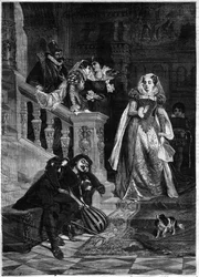 Primo incontro della Regina di Scozia Maria Stuart (1542-1587) con David Rizzio - incisione dal dipinto di David Dalhoff Neal