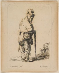 Mendicante appoggiato a un bastone