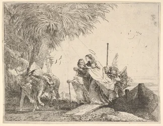 Maria, aiutata da Giuseppe e un angelo, scende da una barca a riva, un angelo stabilizza