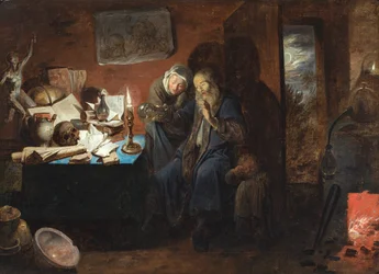 Un interno con un alchimista, una donna e un bambino (una vanitas) (olio su tela)