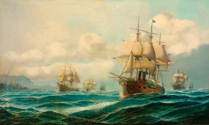 La squadra del viceammiraglio Phipps Hornby a vapore attraverso i Dardanelli in rotta verso Costantinopoli, febbraio 1878