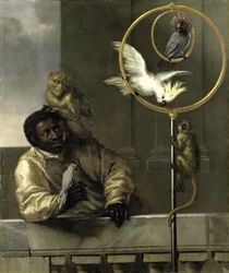 Uomo nero con pappagalli e scimmie, 1670