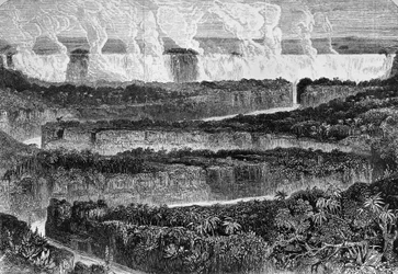 Veduta delle grandi cascate dello Zambesi, conosciute come Mosi-oa-Tunya o Cascate Vittoria, Zambia (incisione)