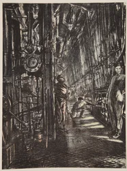 Una sala caldaie su una nave da guerra, illustrazione da 