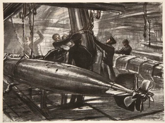 Nel compartimento silurante sommerso di una nave da battaglia, illustrazione da 