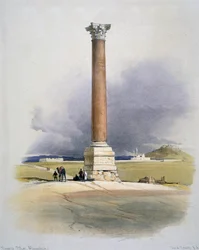 Colonna di Pompeo, Alessandria: Colonna di granito rosso eretta in onore di Diocleziano, IV secolo, un tempo ritenuta luogo di sepoltura di Pompeo Magno. Di David Roberts (1796-1864), artista e orientalista scozzese.