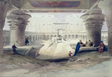 Vista da sotto il portico del Tempio di Edfou, Alto Egitto, tavola 32 dal Volume I di Egitto e Nubia, inciso da Louis Haghe (1806-85), pub. 1846