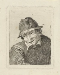 Busto di un uomo con cappello che guarda a destra