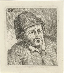 Busto di un uomo con cappello a destra