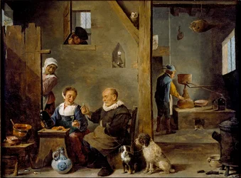 Una distilleria con un anziano che compra gin da una donna