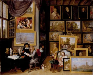 Una pinacoteca con due uomini che esaminano un sigillo e un disegno a gesso rosso, e una scimmia presente