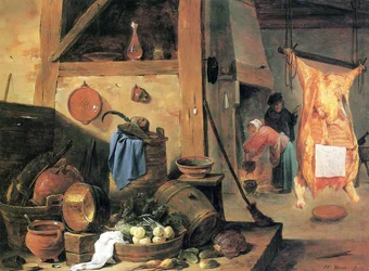 Interno cucina con natura morta e bue macellato