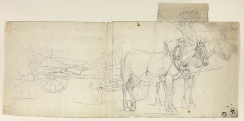 Squadra di due cavalli con conducente, che tira la carrozza (recto); schizzi di donne chinate (verso)