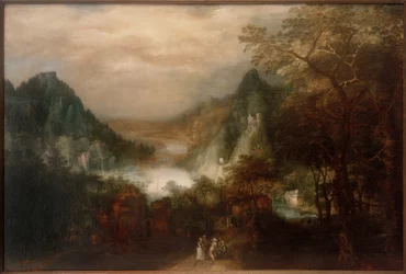 Paesaggio fluviale di montagna con figure eleganti