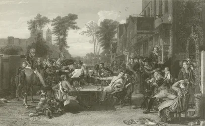 Pensionati di Chelsea che leggono la Gazzetta della Battaglia di Waterloo