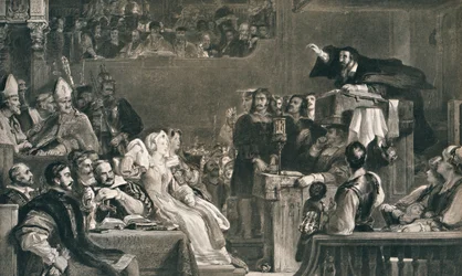 John Knox che predica davanti ai Signori della Congregazione, 10 giugno 1559, c1827