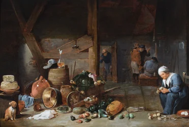 Interno di cucina con donna che prepara verdure e figure in conversazione (olio su tavola)