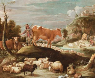 Un mandriano con bovini e pecore vicino a un ruscello (olio su tela)