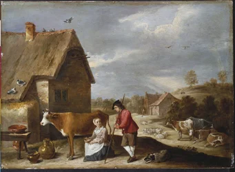 Una lattaia e un pastore fuori da un cottage, fine anni 1640