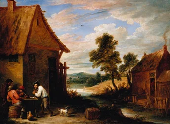Paesaggio fluviale con contadini fuori da una taverna