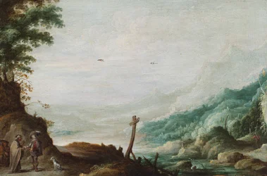 Paesaggio fluviale montano con cartomante (olio su tavola)