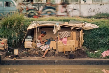 Capanna di cartone, lungo un canale di scolo, serve come casa. Jakarta, Indonesia