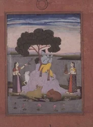 BL cat. no.428, da un Johnson Album no. 20 item 3, Krishna che suona per due gopi, Hyderabad, c.1770