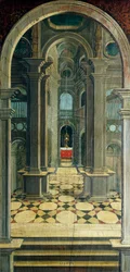 Prospettiva dipinta da Defendente Ferrari, nella sezione posteriore del coro del XVI secolo, Chiesa di San Girolamo, Biella, Italia
