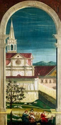 Prospettiva dipinta da Defendente Ferrari, nella sezione posteriore del coro del XVI secolo, Chiesa di San Girolamo, Biella, Italia