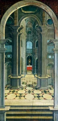 Prospettiva dipinta da Defendente Ferrari sulla parte posteriore del coro del XVI secolo, Chiesa di San Girolamo, Biella