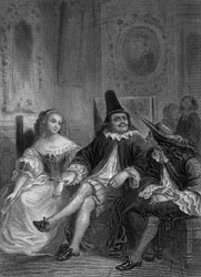 Opera teatrale Il medico suo malgrado di Moliere: Lucinde, Sganarelle e Geronte, incisione di Delannoy su disegno di G. Staal (1870)