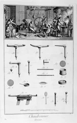 Interno di un ferramenta e piani degli strumenti, 1751-1777
