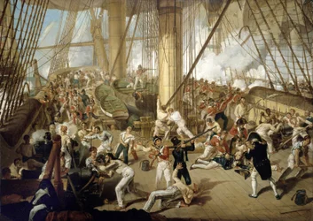 La caduta di Horatio Nelson (1758-1805), nella Battaglia di Trafalgar, 21 ottobre