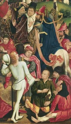 Cavalieri e soldati che giocano a dadi per la veste di Cristo