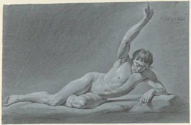 Nudo maschile sdraiato con braccio alzato