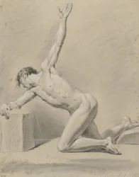 Nudo maschile, inginocchiato sul ginocchio sinistro, verso sinistra